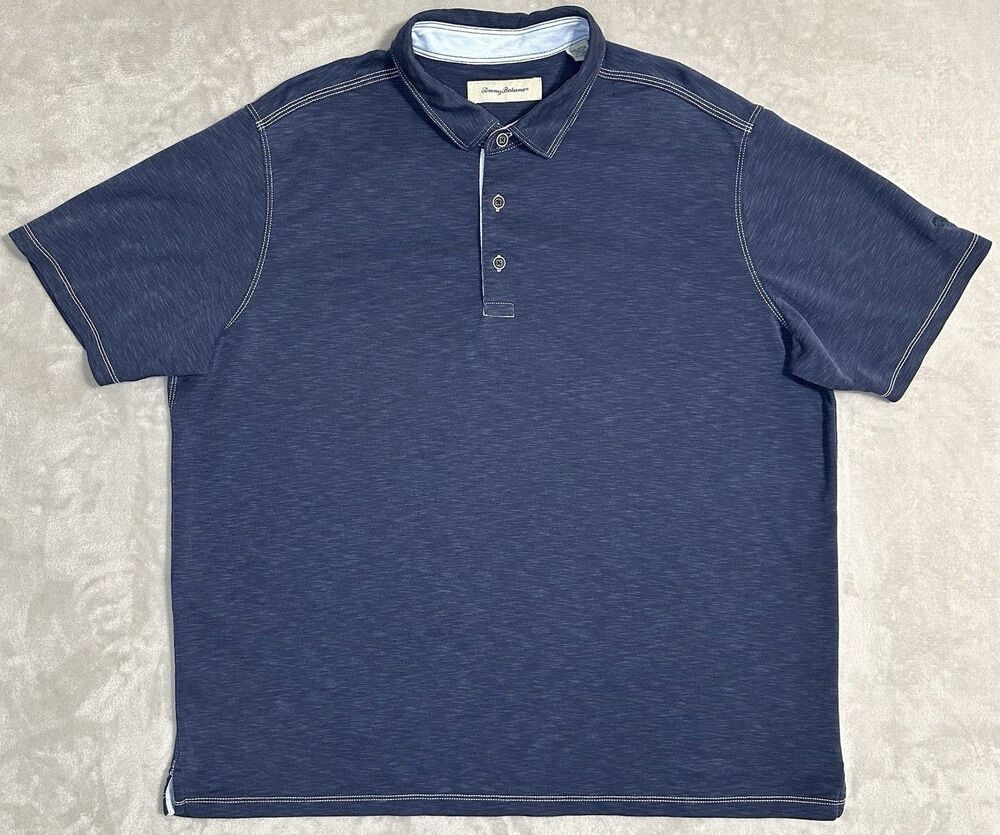 Tommy Bahama Men's XXL Navy Blue Slub Knit Polo Shirt Contrast Stitch Golf